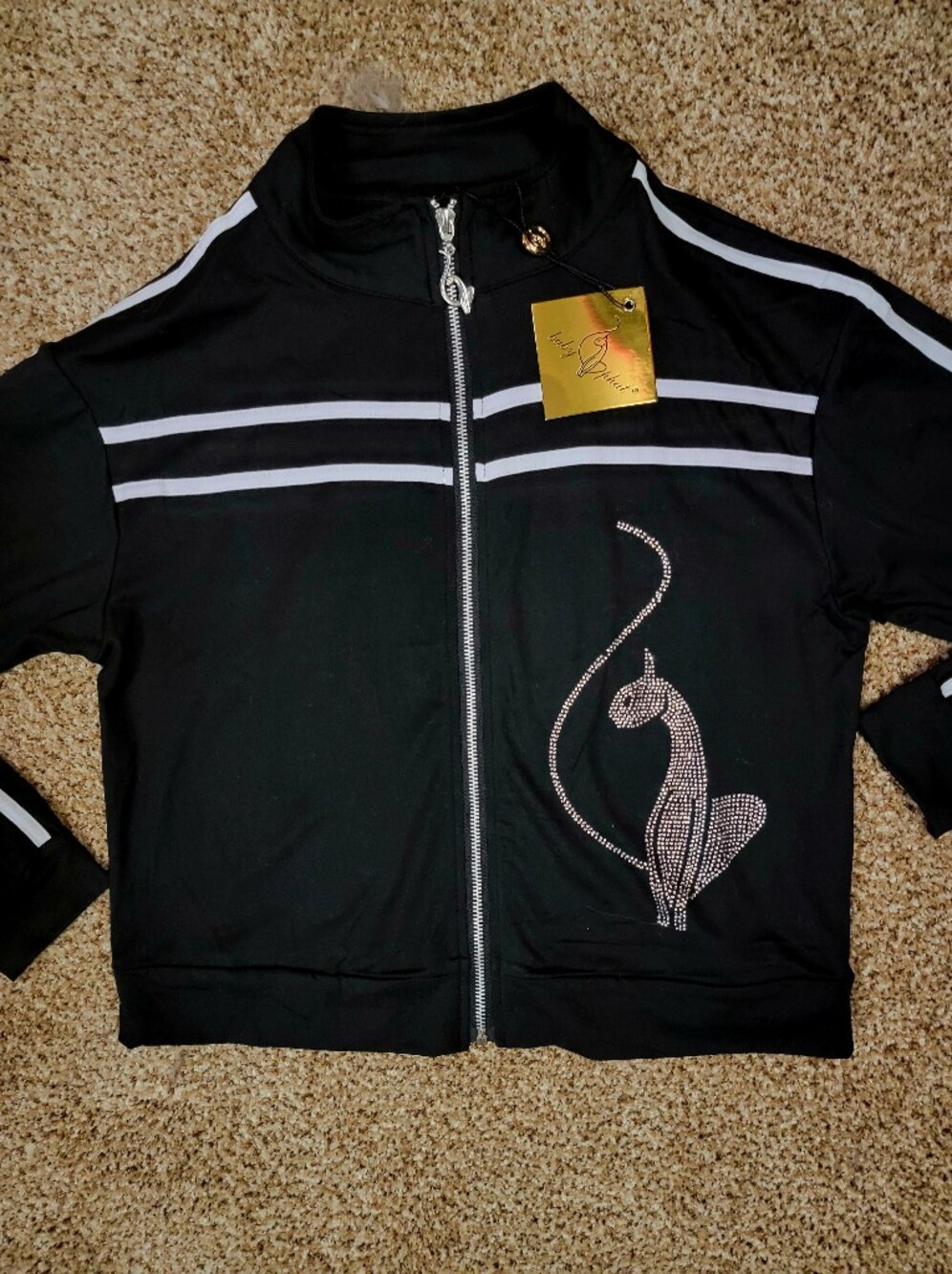Baby Phat Black Rhinestone Logo W White Stripes Jacket Reg New W Tag. Sz Med